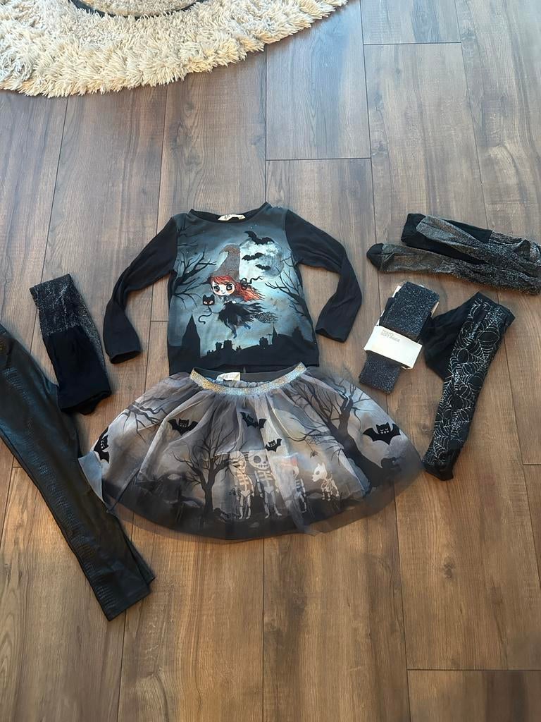 Halloween kleding set maat 98/104 - Heksje en skeletten, Kinderen en Baby's, Kinderkleding | Maat 98, Ophalen of Verzenden, Gebruikt