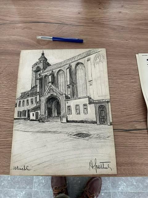tekening ets Utrecht Albert Goethals, Antiek en Kunst, Kunst | Etsen en Gravures, Ets, 23 cm, Architectuur, Ophalen of Verzenden