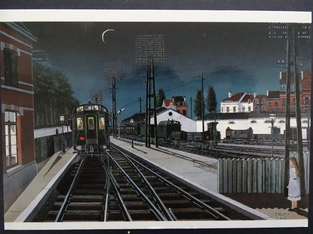 Paul Delvaux - Avondtrein (1957), Ophalen of Verzenden, 1940 tot 1960, Ongelopen, Sterren en Beroemdheden