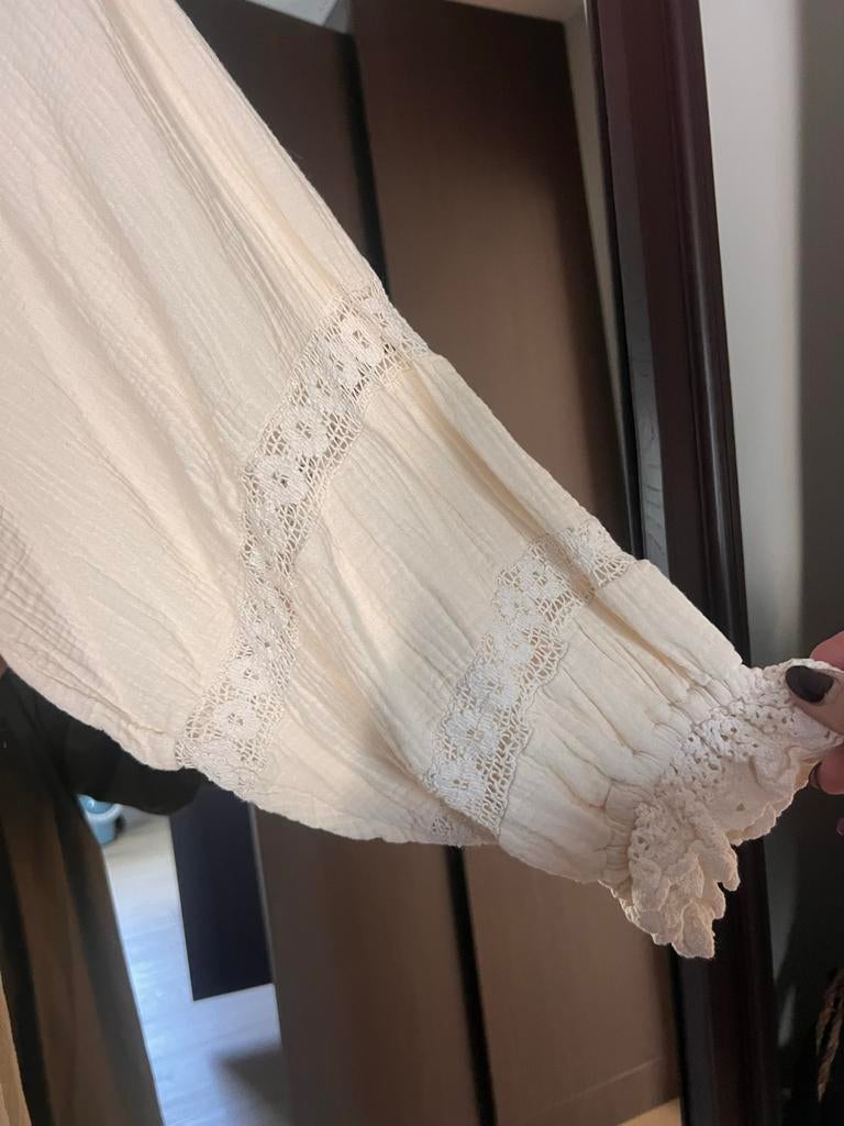 Beige katoenen zomerjurk met rouches, maat One Size, Kleding | Dames, Jurken, Maat 38/40 (M), Beige, Ophalen of Verzenden, Zo goed als nieuw