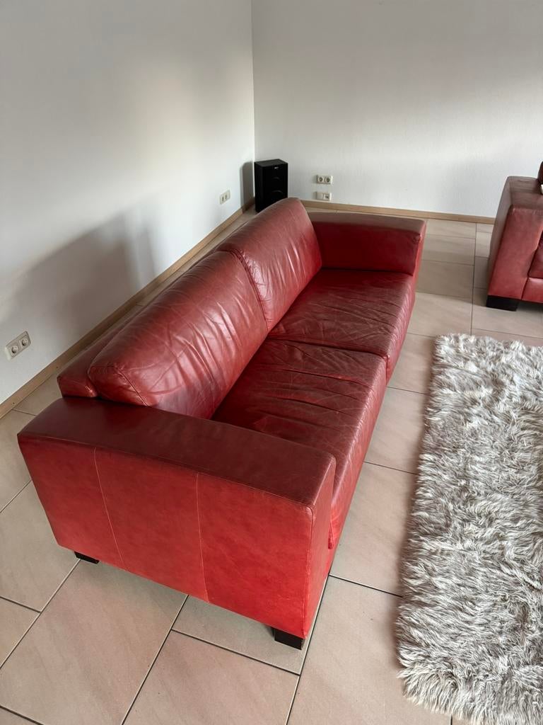 Rode leren bank + fauteuil + shaggy vloerkleed, Ophalen