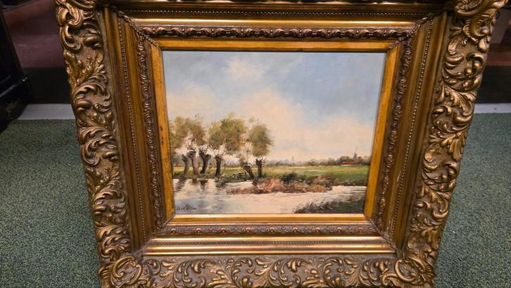 Groot antiek schilderij landschap, lijst in bladgoud, Antiek en Kunst, Kunst | Schilderijen | Klassiek, Ophalen of Verzenden