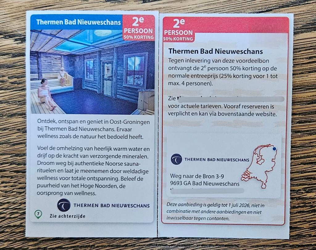 Sauna Thermen Bad Nieuweschans 2e persoon 50% korting., Tickets en Kaartjes