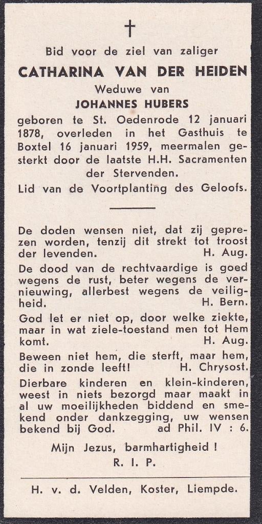 heiden Catharina 1878 St Odenrode 1959 Boxtel, Ophalen of Verzenden, Bidprentje
