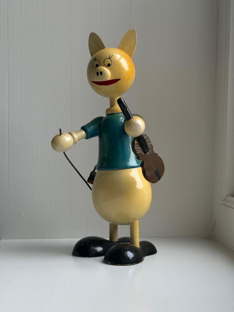 Vintage houten spaarpot met sleutel varken muzikant violist, Antiek en Kunst, Ophalen of Verzenden