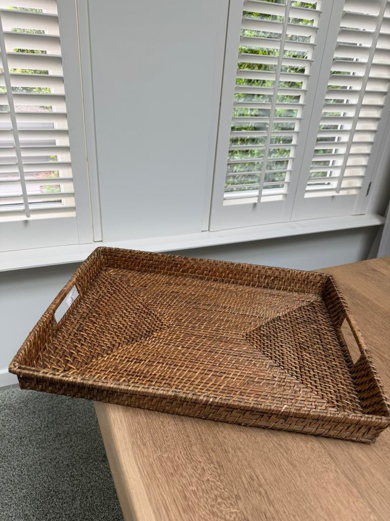 Rotan dienblad met 4  borden onderzetters, Ophalen of Verzenden, Zo goed als nieuw, Rond, Hout