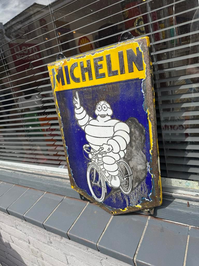 Vintage Michelin Emaille Bord - Bibendum op Fiets, Ophalen of Verzenden