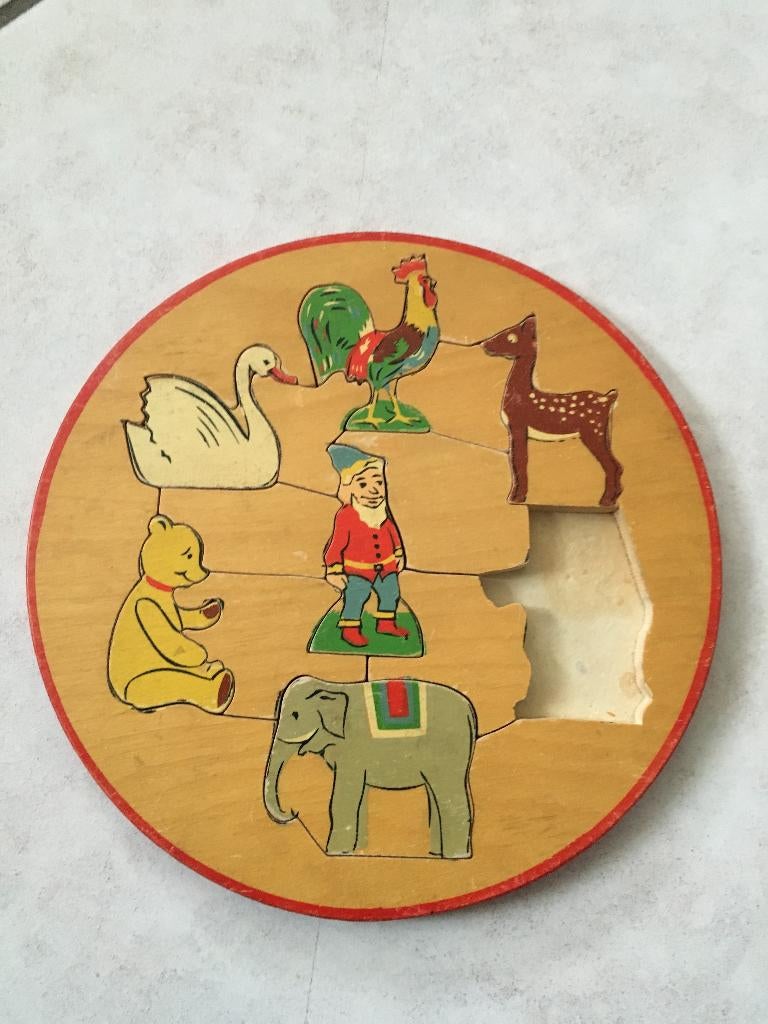 Vintage houten kinderpuzzel Simplex “Kabouter Dieren", Ophalen, 10 tot 50 stukjes, Gebruikt