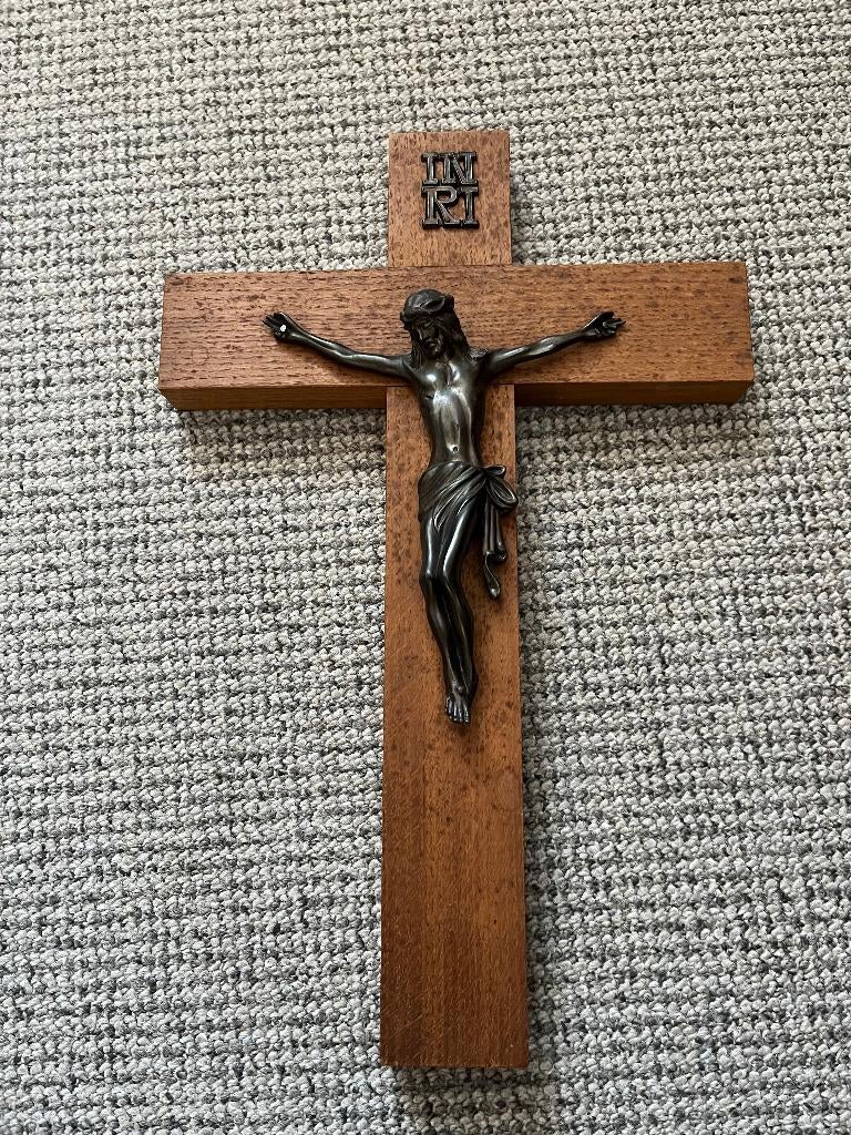 Kruisbeeld met bronzen Jezus, Ophalen of Verzenden, Zo goed als nieuw, Beeld(je), Christendom | Katholiek