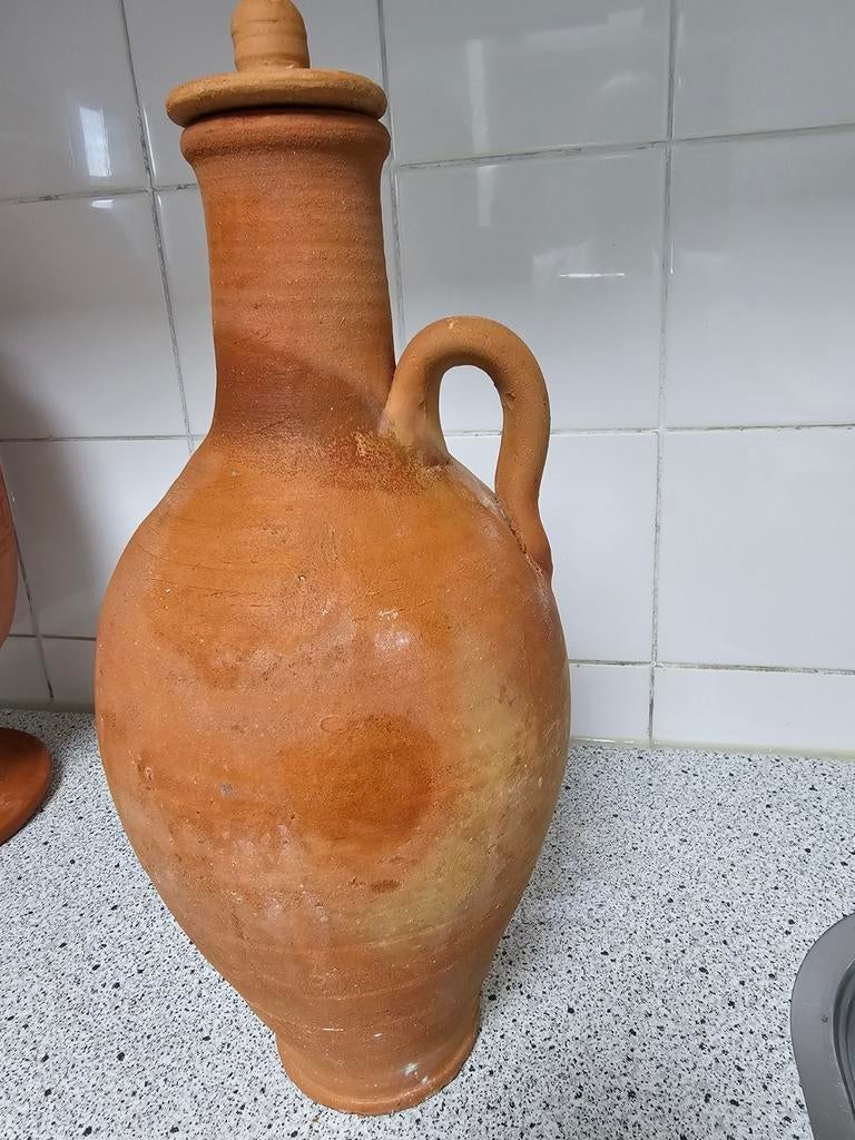 Vintage Aarden Kruik met Deksel - of water fles, Ophalen of Verzenden