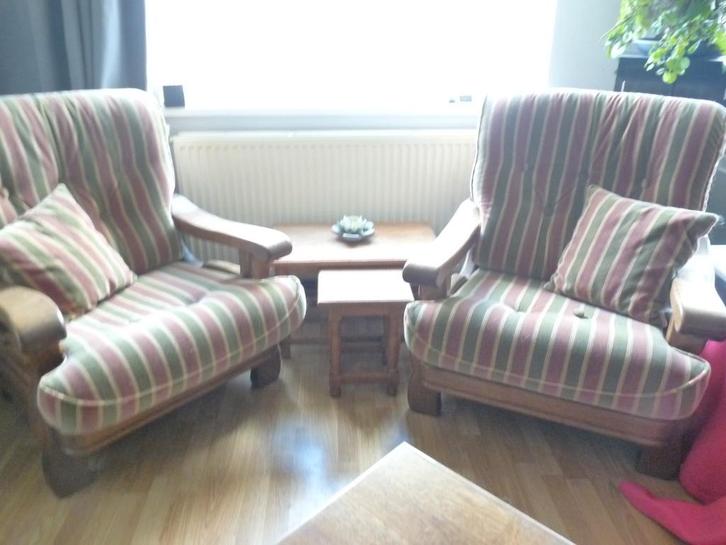 2 eiken Oisterwijk Fauteuils, Huis en Inrichting, Fauteuils, Gebruikt, Hout, Stof, 75 tot 100 cm, 75 tot 100 cm, Ophalen