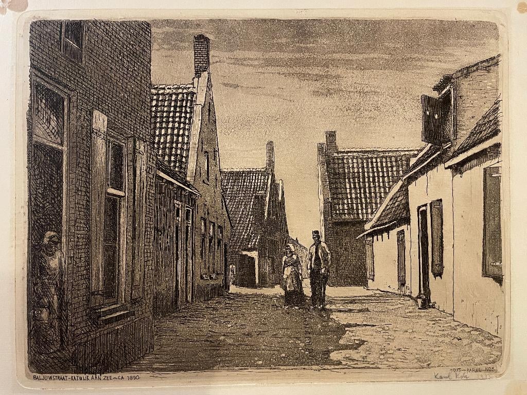 Katwijk aan Zee - Baljumstraat ca. 1890 - Karel Kok – Ets, Antiek en Kunst, Kunst | Etsen en Gravures, Ophalen of Verzenden