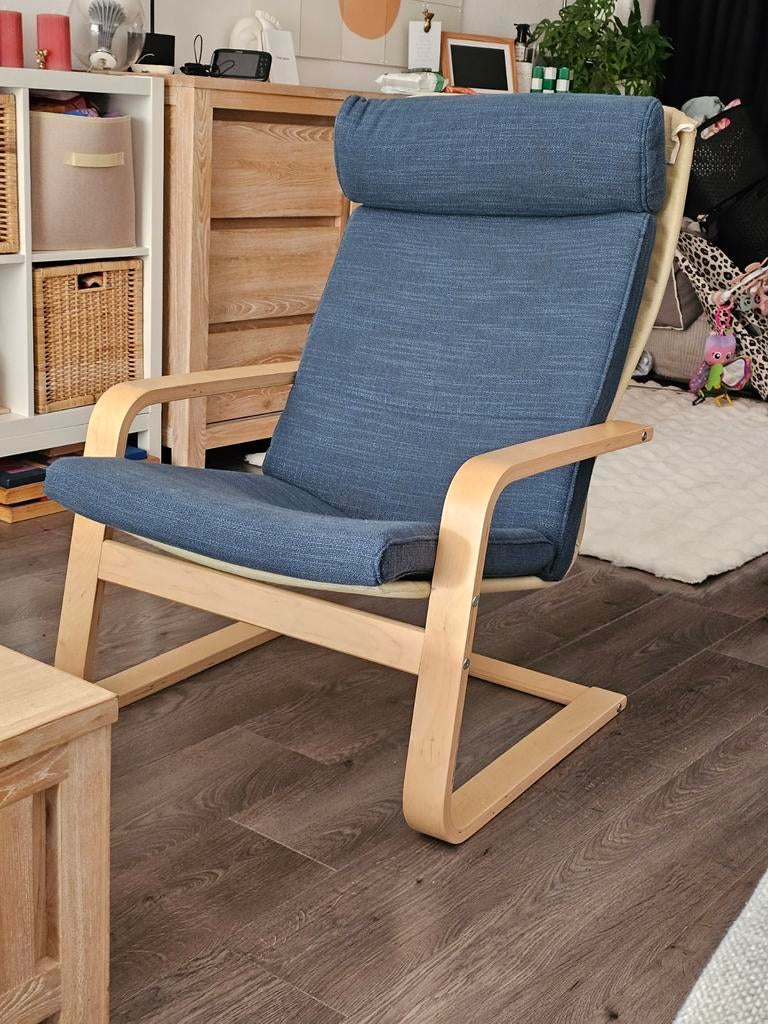 Ikea Poäng fauteuil met blauw zitkussen, Ophalen, Gebruikt, Modern, Scandinavisch, 75 tot 100 cm