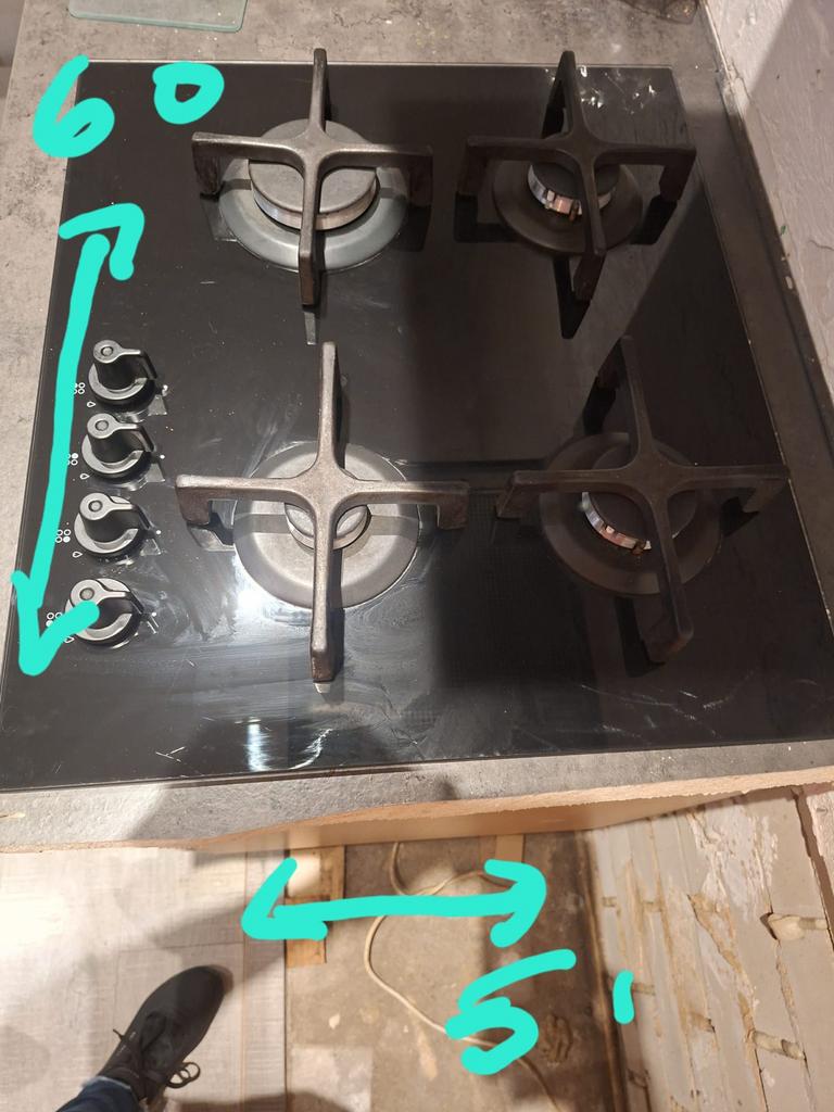 Zwart glazen gaskookplaat 4-pits (60x51cm), Ophalen, Gebruikt, 4 kookzones, Inbouw