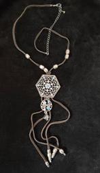 Vintage lederen koord ketting met strass stenen, Ophalen of Verzenden, Gebruikt, Overige materialen, Met strass