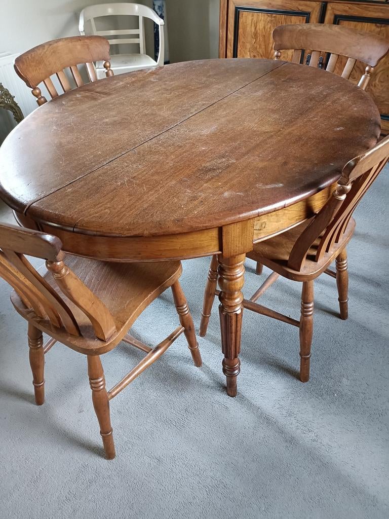 Antieke uitschuifbare eettafel met 4 stoelen, Ophalen of Verzenden