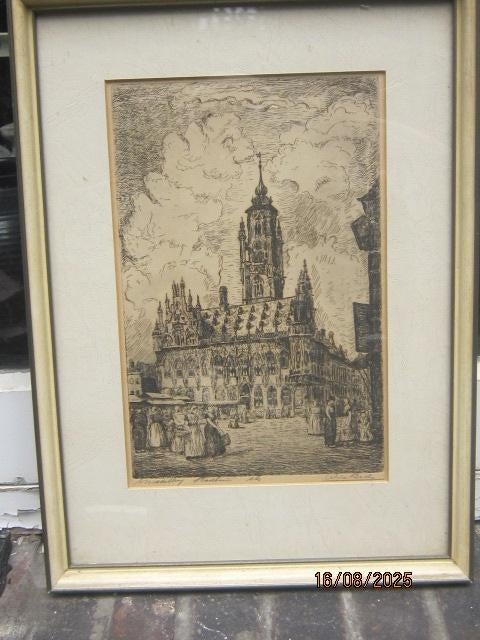 WIM BEEKE, Mooie ets van Middelburg met mensen in Kl.dracht, Antiek en Kunst, Kunst | Etsen en Gravures, Ophalen of Verzenden