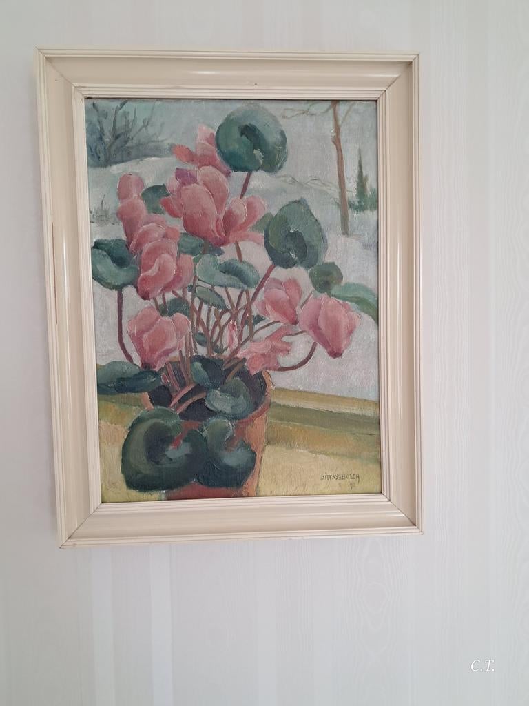 Schilderij: Cyclamen in pot met winterlandschap, Antiek en Kunst, Kunst | Schilderijen | Klassiek, Ophalen