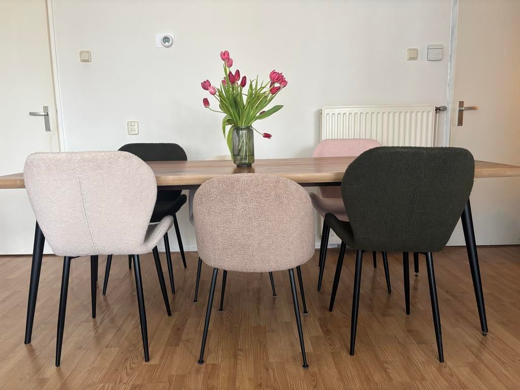 6 Bouclé eetkamerstoelen - diverse kleuren, Huis en Inrichting, Stoelen, Ophalen, Gebruikt, Overige kleuren, Stof