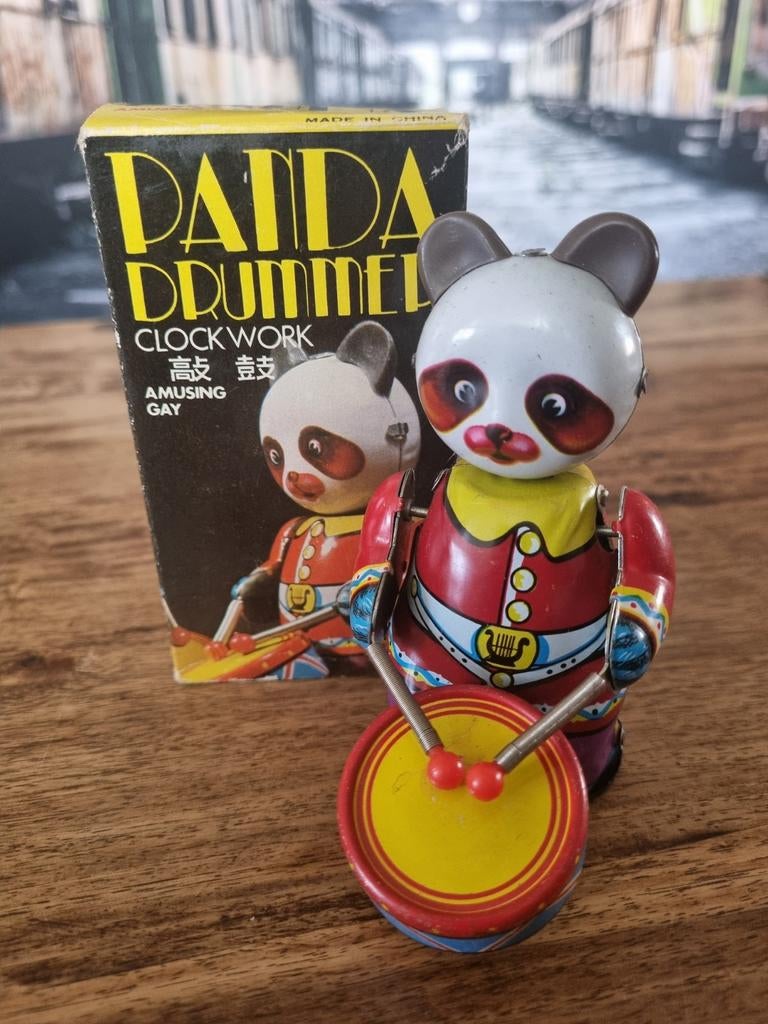 Vintage Panda Drummer Opwindbaar Blikken Speelgoed, Antiek en Kunst, Ophalen of Verzenden