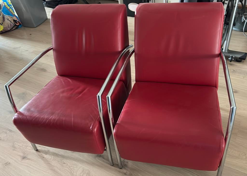 2 rode leren fauteuils van Montèl, Ophalen, Gebruikt, Leer, 75 tot 100 cm