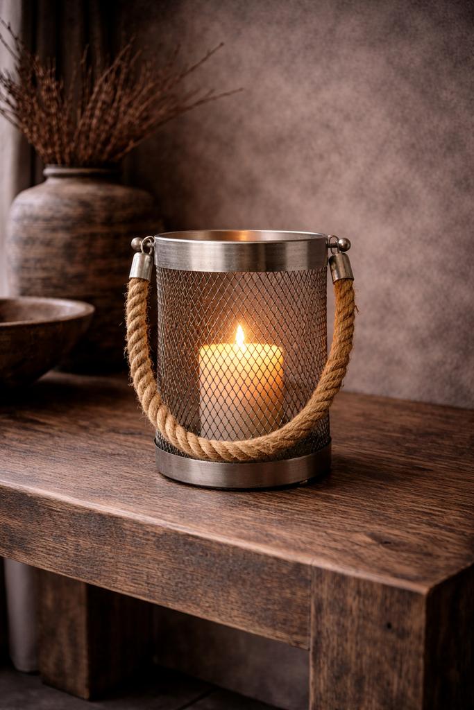 Rivièra Maison metalen windlicht met touw hengsel, Ophalen of Verzenden, Zo goed als nieuw, Metaal, Grijs