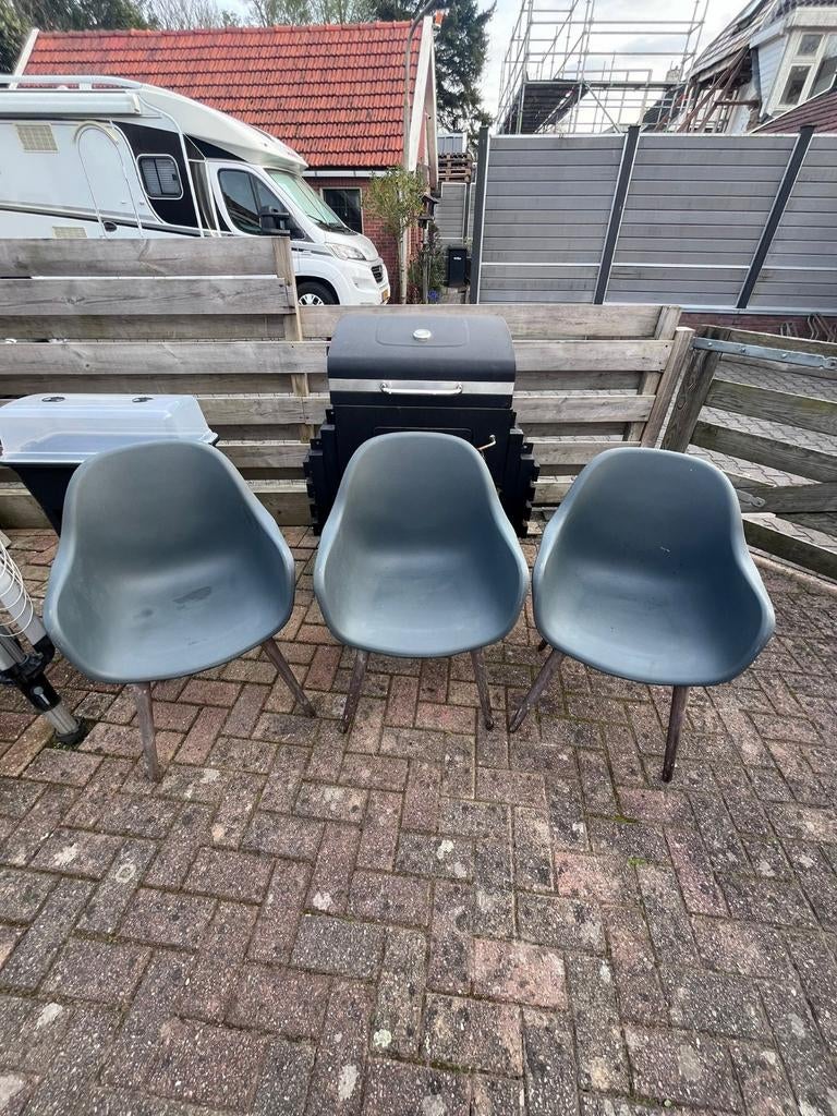 3 grijze kuipstoelen voor buiten, Ophalen, Gebruikt, Kunststof