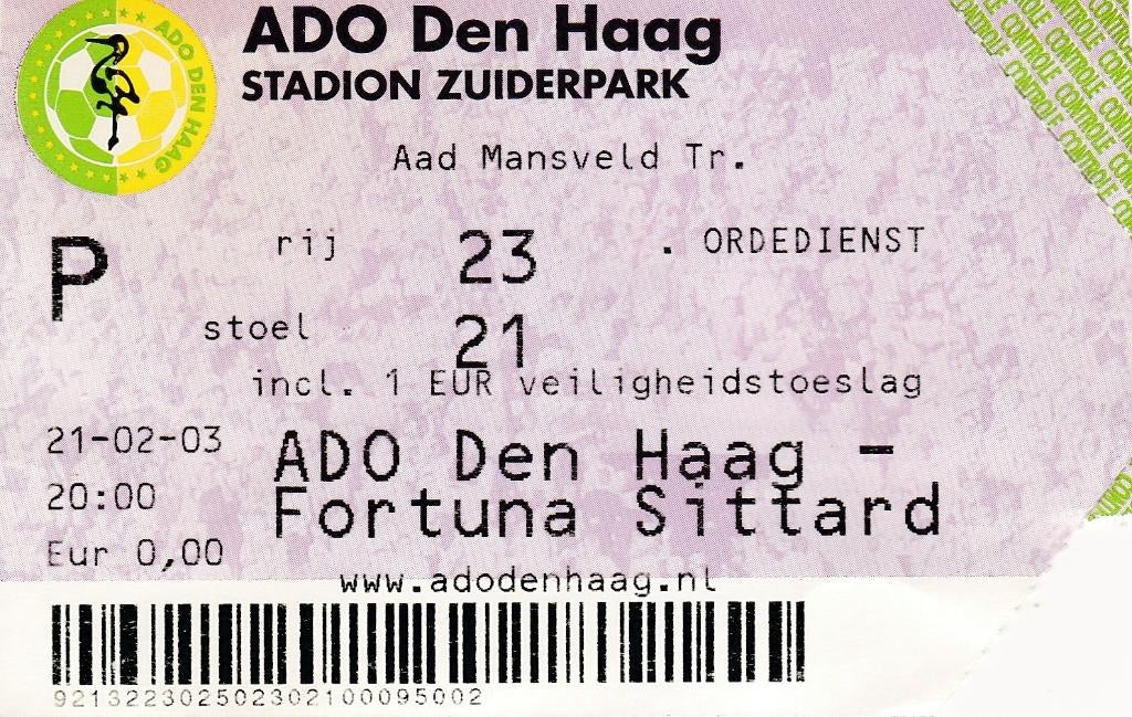 Ticket; ADO Den Haag v Fortuna Sittard 21-02-2003, Verzenden, Gebruikt, Overige binnenlandse clubs, Overige typen