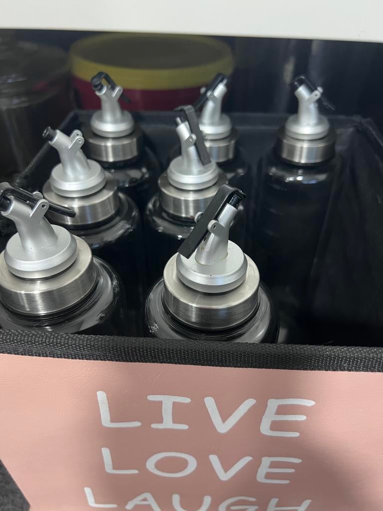 Olie- en azijnflessen set met schenktuit en 4 vers kruiden f, Ophalen, Zilver, Zo goed als nieuw, Overige merken