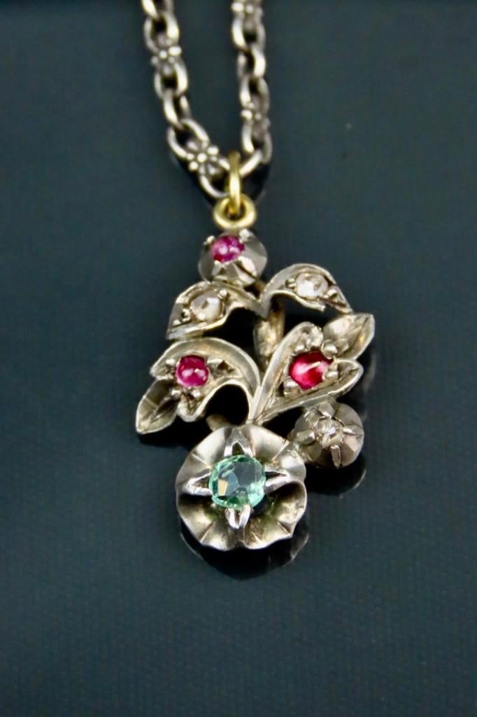 Antieke hanger silvertopped-gold diamant,robijn, aquamarijn, Sieraden, Tassen en Uiterlijk, Antieke sieraden, Ophalen of Verzenden