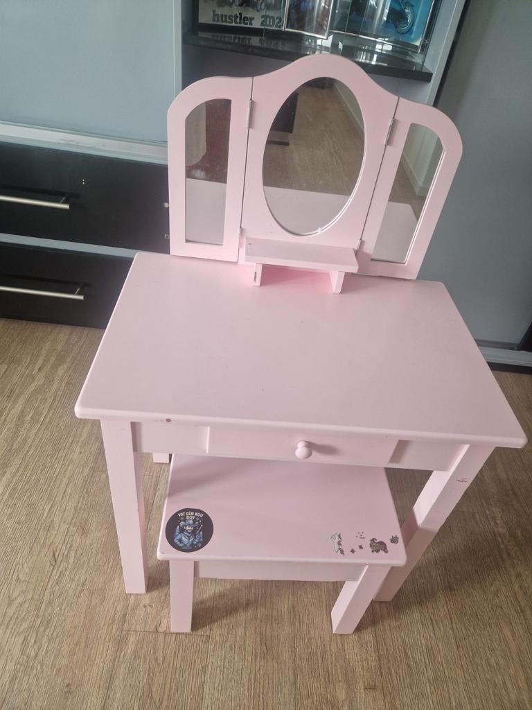 Roze kaptafeltje met spiegel en krukje, Ophalen, Gebruikt, 50 tot 100 cm, Minder dan 100 cm