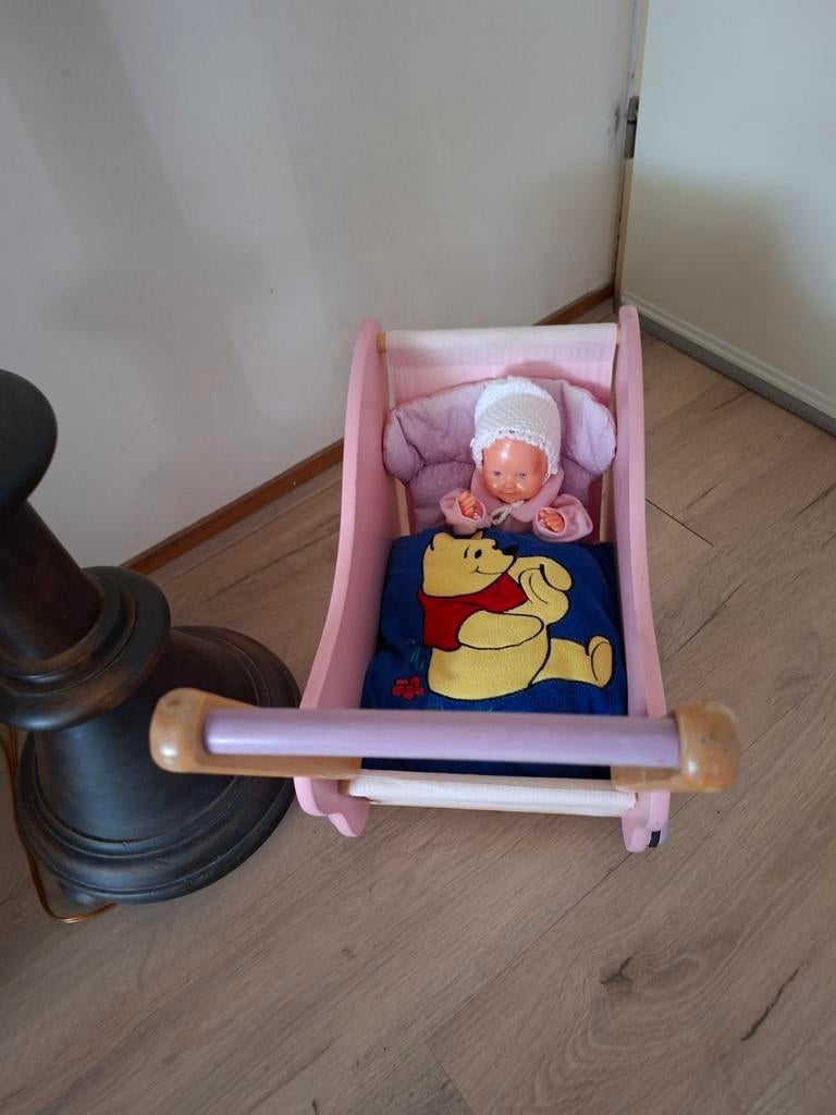 Houten poppenwagen heel stevig met pop, Ophalen, Babypop