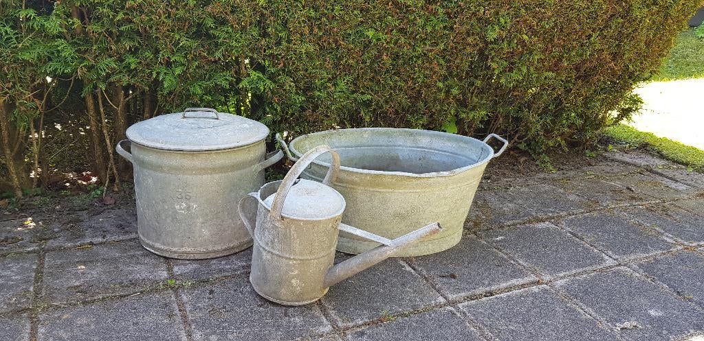 zinken tobbe, emmer met deksel en gieter, Antiek en Kunst, Ophalen