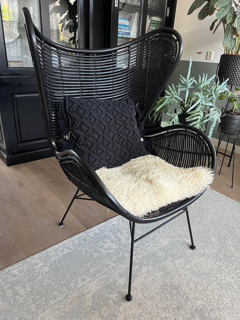 HK Living Egg chair fauteuil - Zwart - zgan, Ophalen, Zo goed als nieuw, 50 tot 75 cm, Riet of Rotan