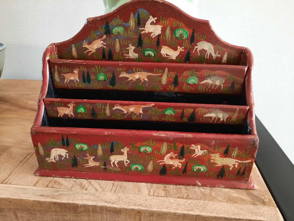 Vintage houten brievenbak met handgeschilderde dieren, Ophalen of Verzenden