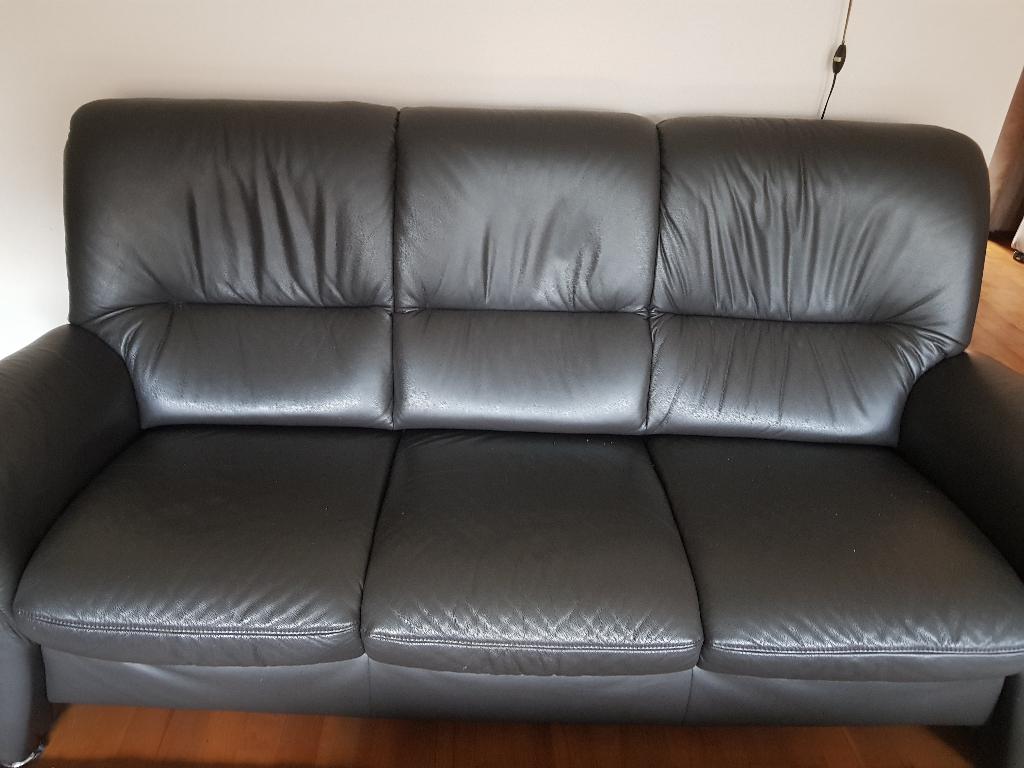 Mooie zwarte leren bank, Ophalen, Gebruikt, Driepersoons, Rechte bank