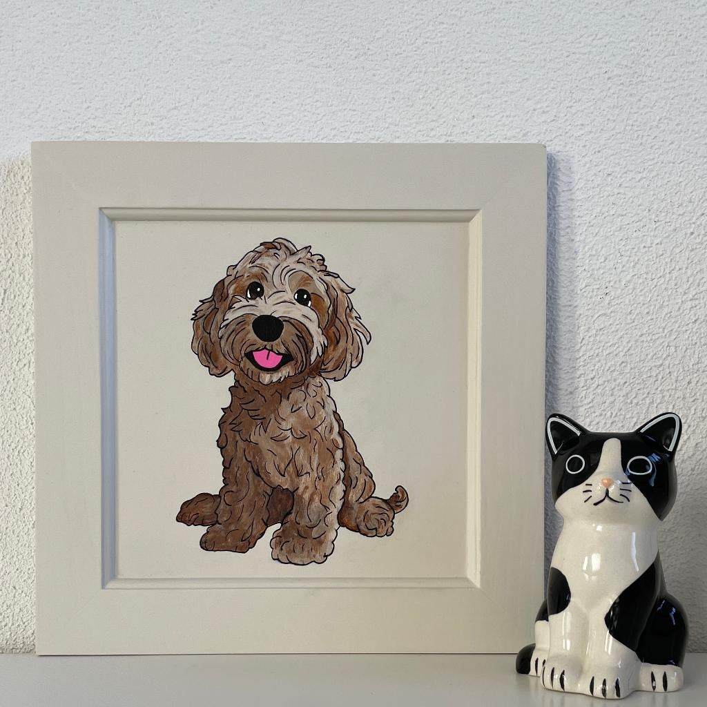 Schilderijtje van een schattige Labradoodle-handbeschilderd., Minder dan 50 cm, Nieuw, Ophalen of Verzenden, Schilderij