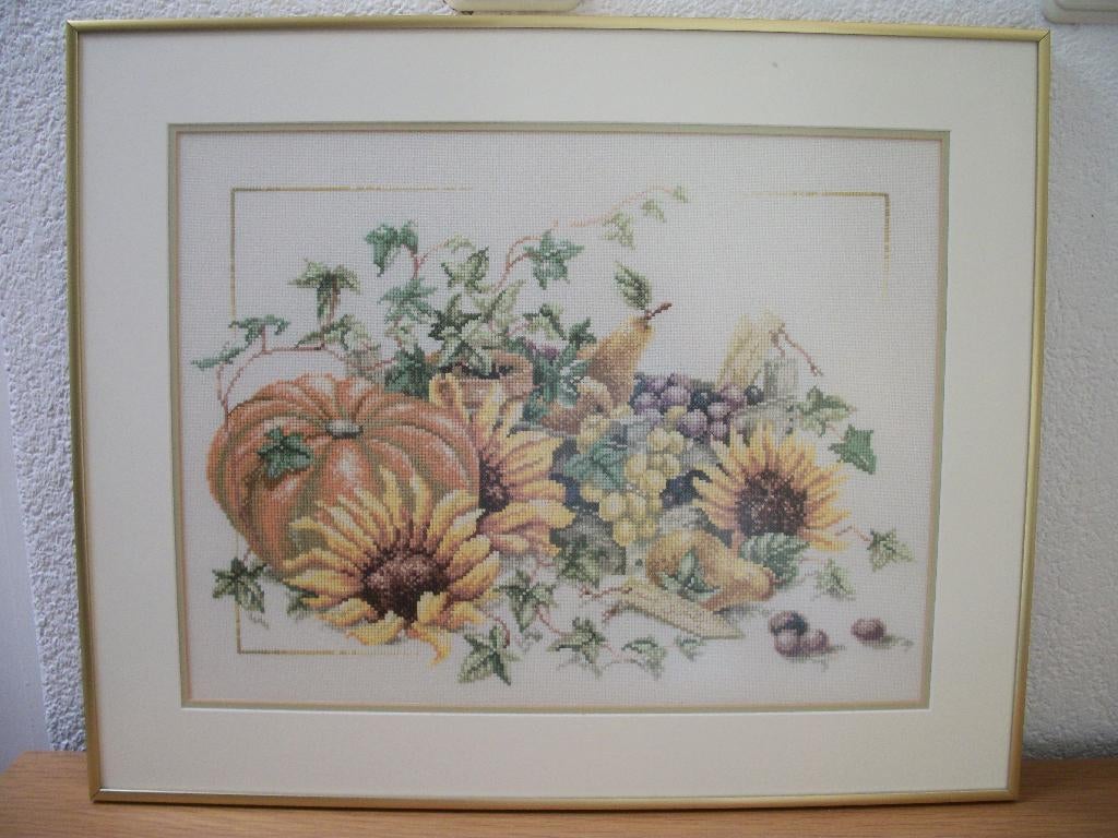 Borduurwerk, Zonnebloem Pompoen Fruit - Geel 55 x 45 - zgan, Oorspronkelijke maker, Overige typen, Ophalen of Verzenden, Zo goed als nieuw