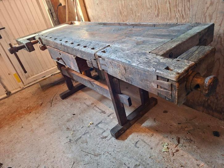 ⚒ Antieke nostalgische werkbank met brede lade bankschroeven, Doe-het-zelf en Verbouw, Werkbanken, Gebruikt, 170 cm of meer, Bankschroef
