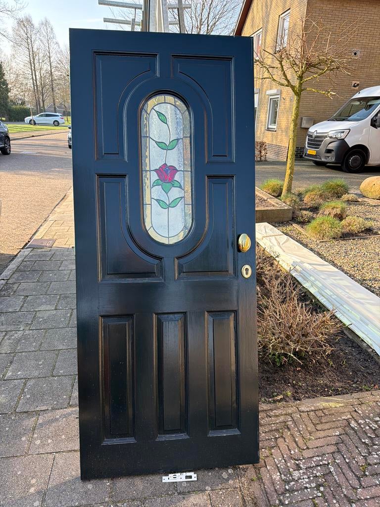 Hardhouten voordeur met glas in lood - 210.5 x 87.5 cm, Ophalen, Gebruikt, 80 tot 100 cm, Buitendeur