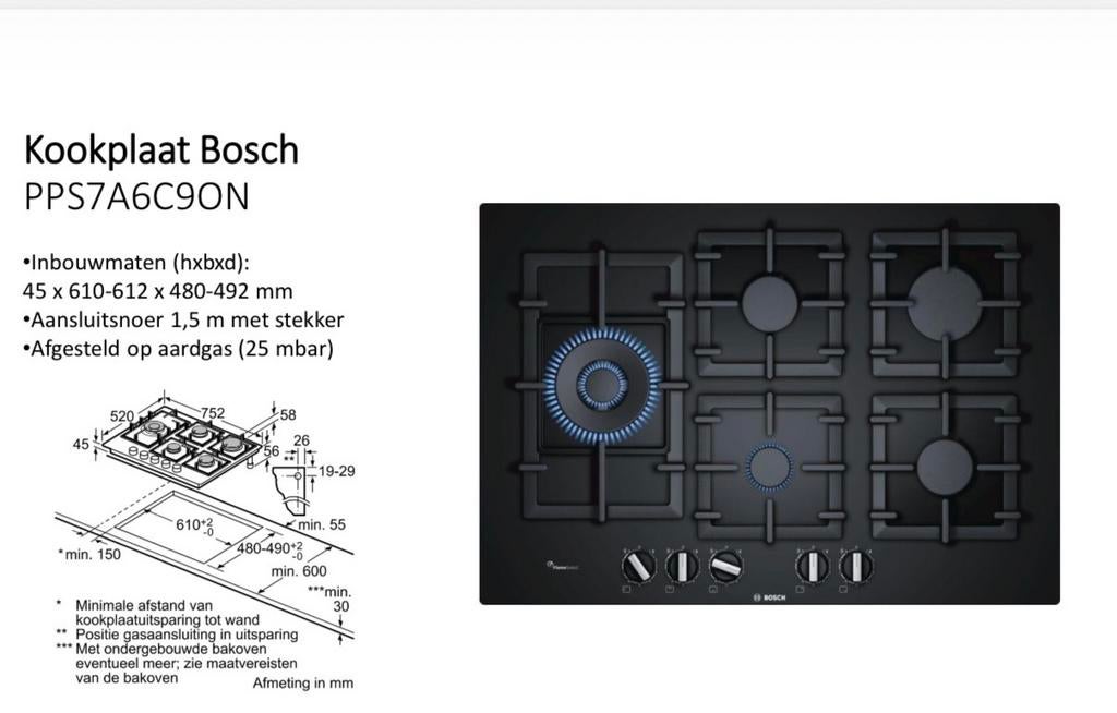 Bosch PPS7A6C9ON Gas Kookplaat - 5 Kookzones, Witgoed en Apparatuur, Kookplaten, Gebruikt, Ophalen of Verzenden, Inbouw, Gas