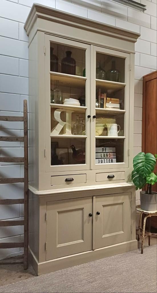 XL Vintage/Antieke hoge schoolkast, Brocante buffetkast, Gebruikt, 100 tot 150 cm, 200 cm of meer, Ophalen of Verzenden