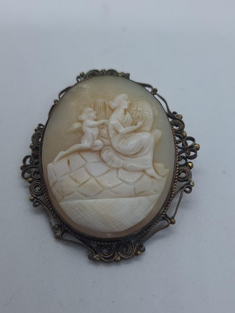 Antieke Zilveren Harp Engel Broche/Hanger met Goud Verguld, 4 tot 7 cm, Gebruikt, Ophalen of Verzenden, Zilver