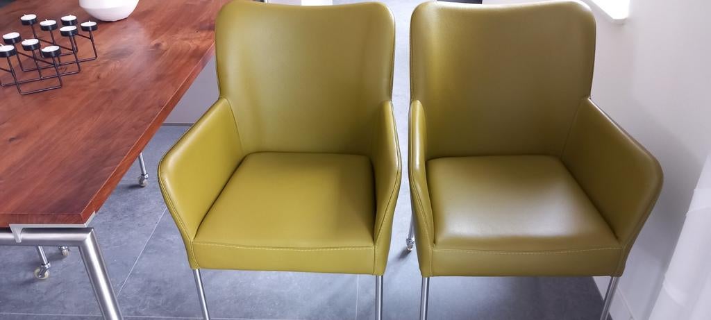 2x Bert Plantagie limegroene leren stoelen., Huis en Inrichting, Ophalen, Overige kleuren, Leer, Twee
