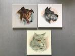 3x vintage siertegels Schotse Collie, Schnauzer, Maine Coon, Ophalen of Verzenden