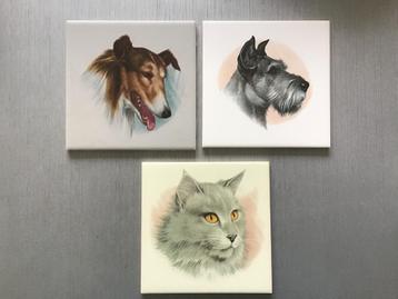 3x vintage siertegels Schotse Collie, Schnauzer, Maine Coon beschikbaar voor biedingen