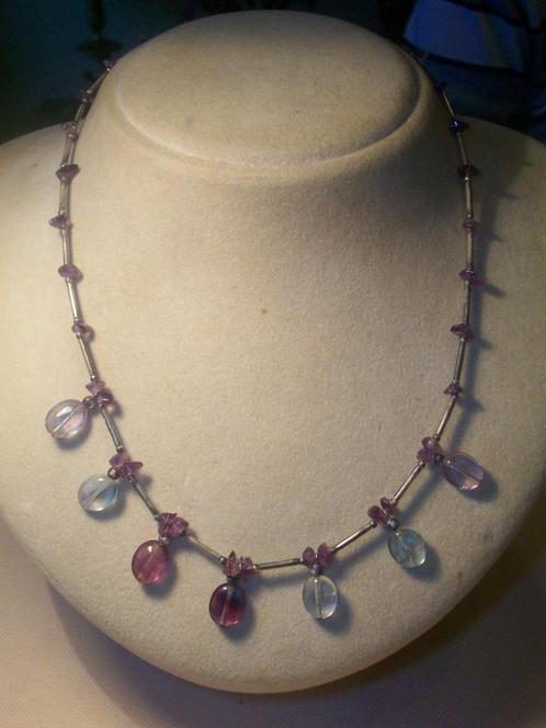 zilveren KETTING (925)  41 cm lang, met 41 Fluoriet-kralen, Sieraden, Tassen en Uiterlijk, Kettingen, Nieuw, Zilver, Zilver, Met edelsteen