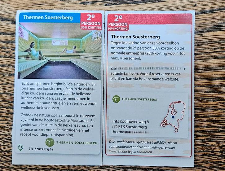 Sauna Thermen Soesterberg. 2e persoon 50% korting, Tickets en Kaartjes, Kortingen en Cadeaubonnen