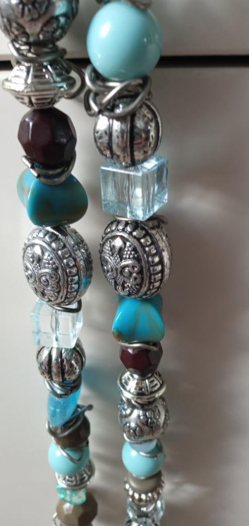 Lange kralenketting zilver, turkoois, bruin, lichtblauw, Sieraden, Tassen en Uiterlijk, Kettingen, Nieuw, Overige materialen, Zilver