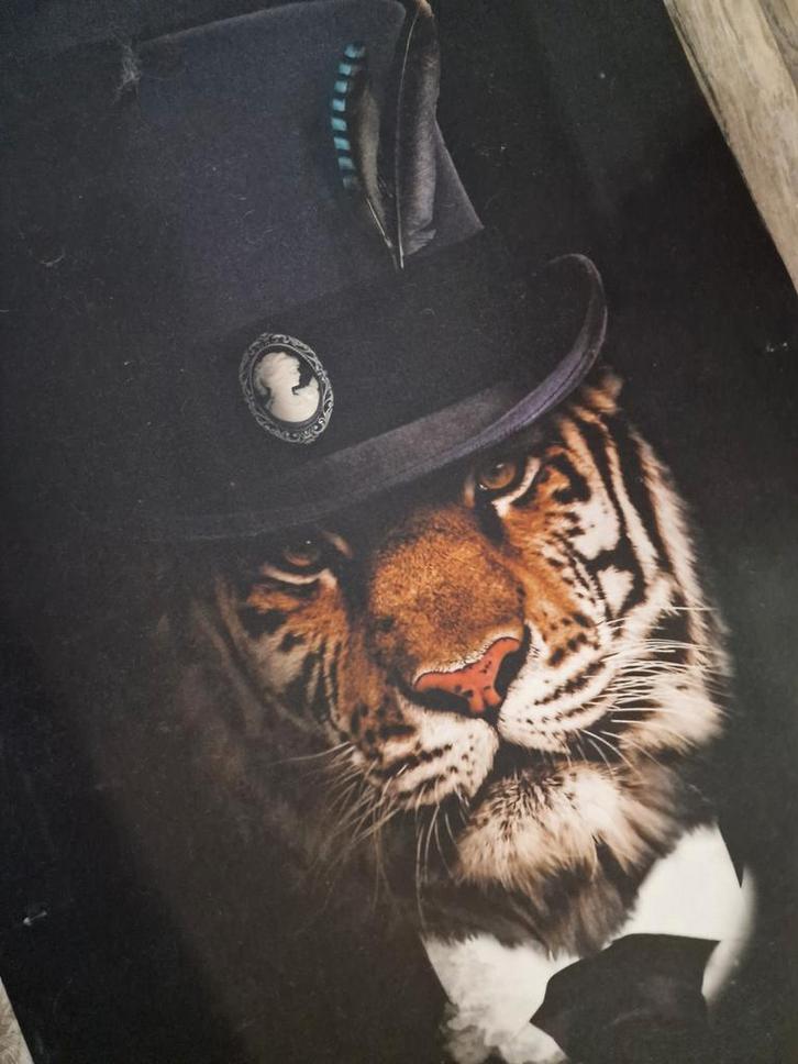 Steampunk Tijger doek canvas stofposter Tijger met Hoge hoed, Antiek en Kunst, Kunst | Schilderijen | Modern, Ophalen of Verzenden